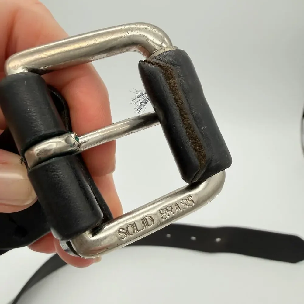 Vintage Structure Italian Leather Belt Black Solid Brass Buckle Made in USA 34